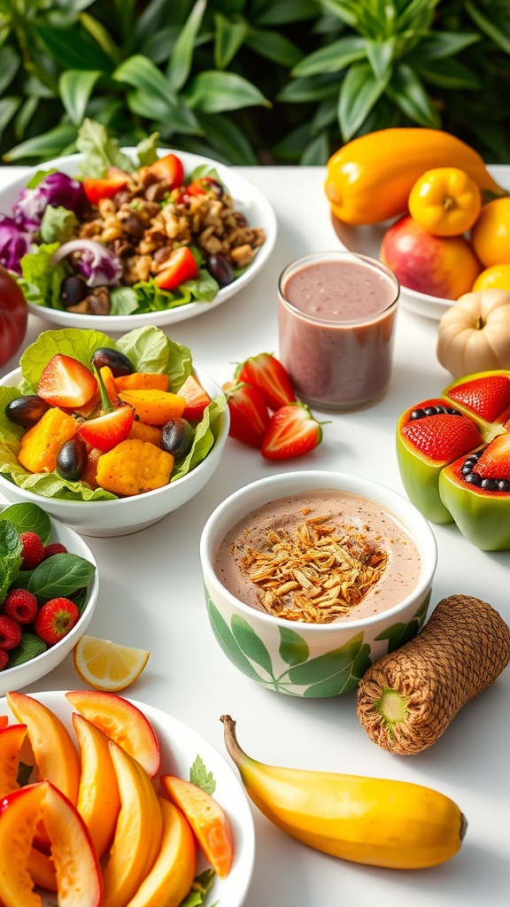 Colorful raw vegan meals displayed on a bright table, including salads, smoothies, and fruits.